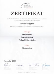 Zertifikat Qualitätsprüfung Brotinstitut 2018